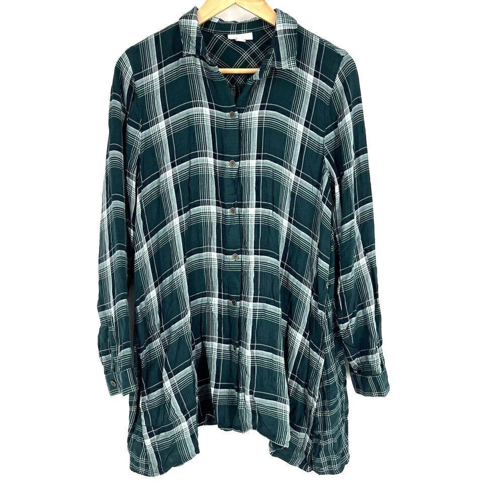 J Jill Top Size Small Green Plaid Pockets Tunic Button Up Shirt Double Cloth